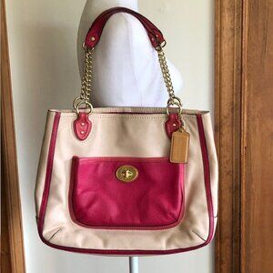 COACH Pink Cream/ Light Taupe Leather Color Block Chain Strap Tote Purse